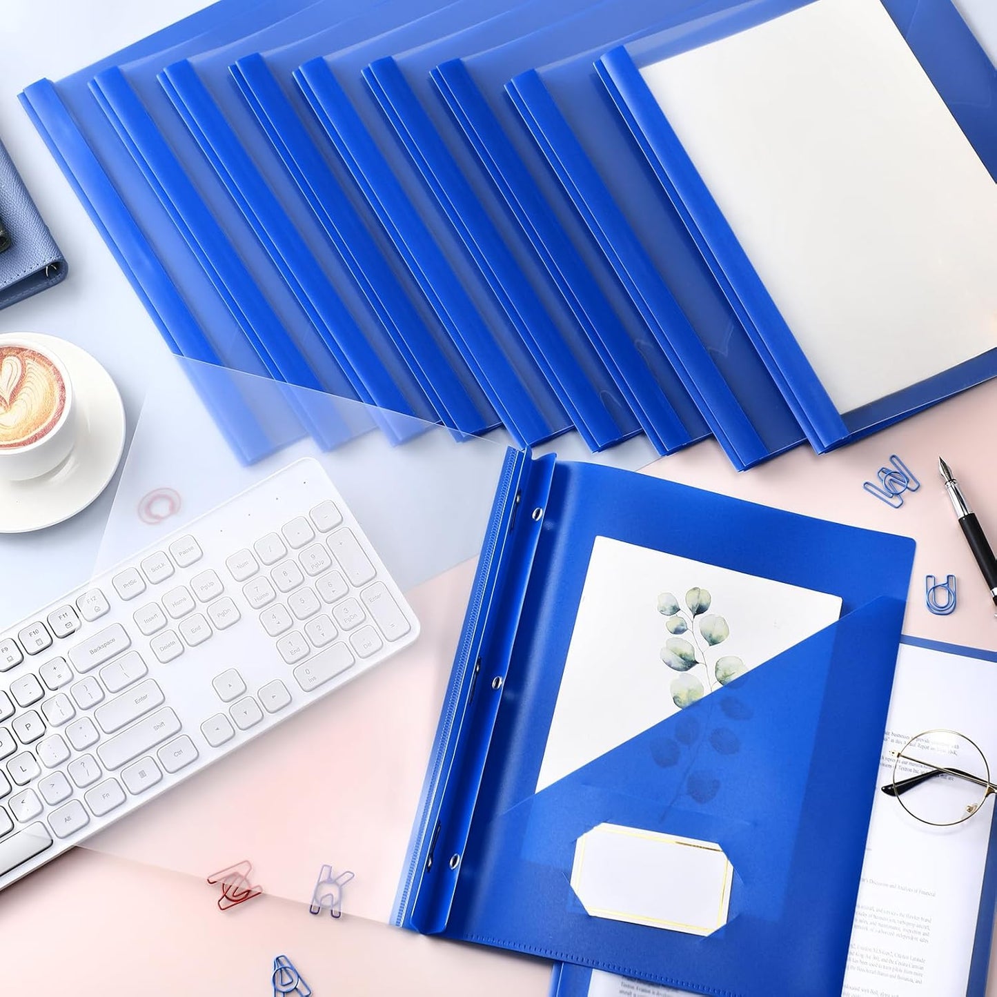 Patelai 48 Pcs Plastic Folders with 2 Pockets and 3 Prongs Home Folders with Card Slot Letter Size Heavy Duty Report Covers for Back to School(Blue,Simple Style)