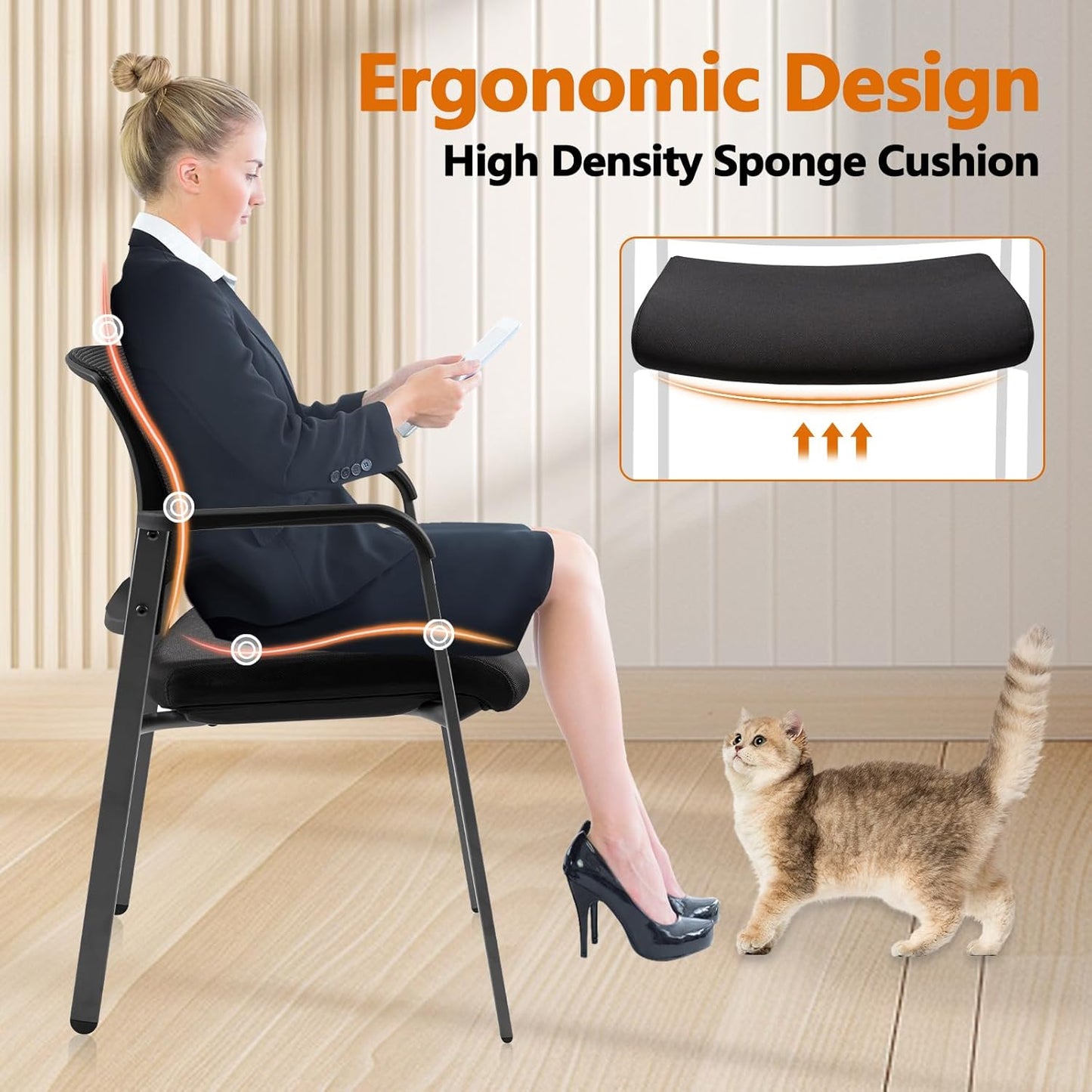 CLATINA Mesh Back Stacking Arm Chairs with Upholstered Fabric Seat and Ergonomic Lumber Support for Office School Church Guest Reception Black