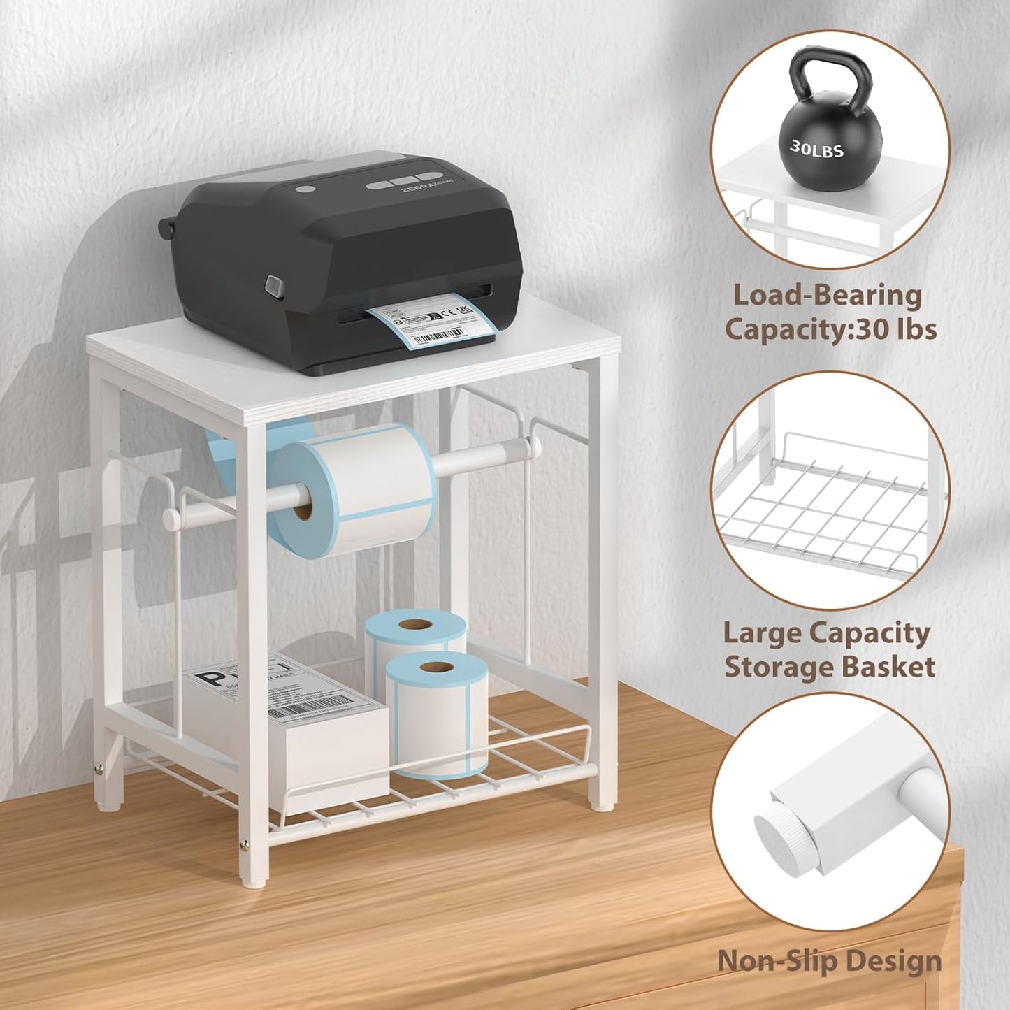 NANANARDOSO Label Holder for Thermal Printer with Basket,Wooden Label Holder for Shipping Label Printer,Sticker Roll Holder for Home, Office Small Business,White