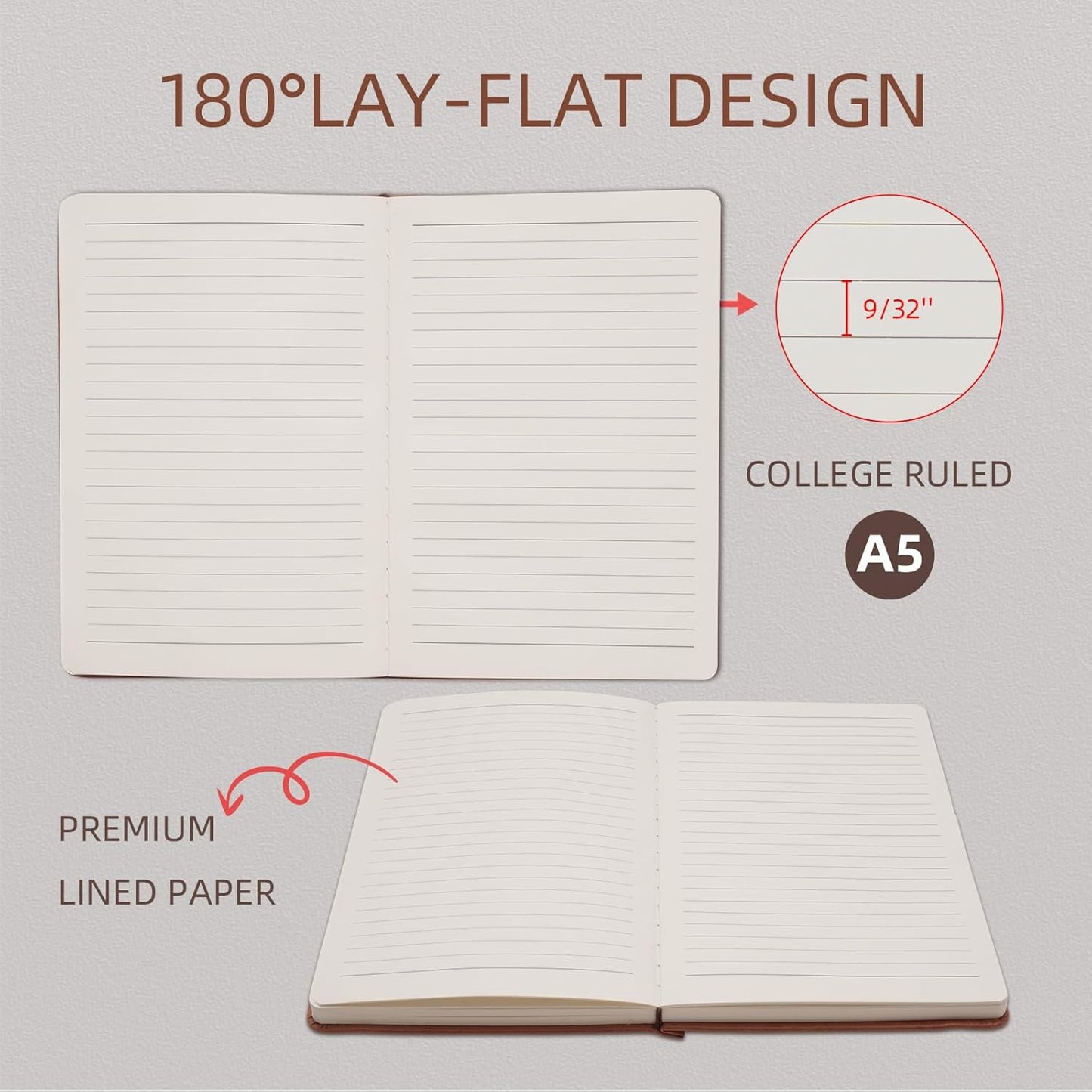 Lined Notebook Journal for Women Men 320 Pages A5 Hardcover Leather with Pen Holder College Ruled Journals for Work Note Taking Travel School Gray