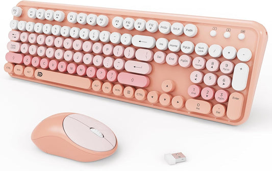 Keyboard and Mouse Wireless,2.4Ghz Retro Typewriter Style Round Keycap,Full Size Wireless Keyboard Mouse Combo,Cute Cordless Keyboard Mouse Set for PC Laptop Desktop Computer-Pink Orange Colorful