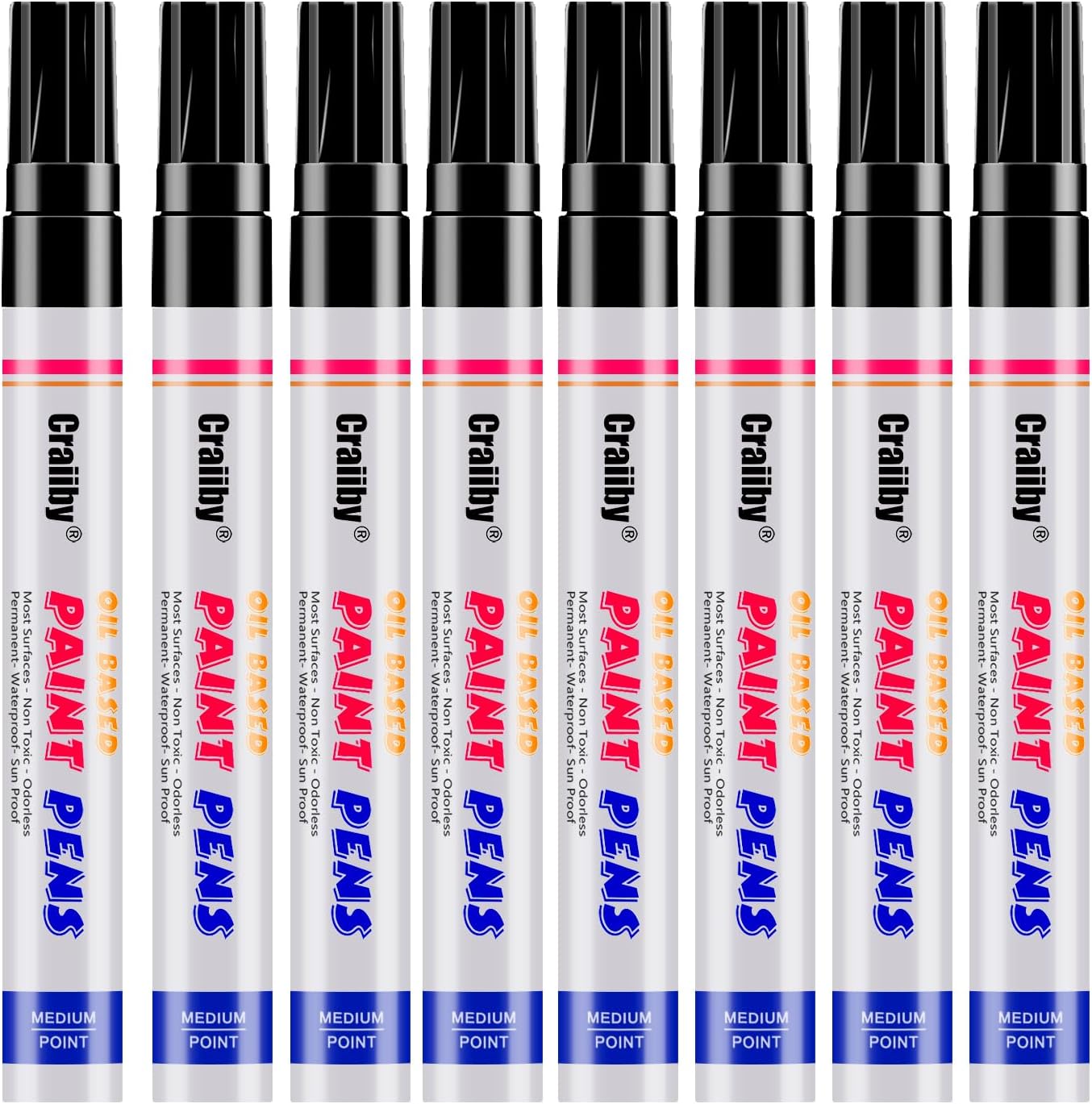 Black Paint Markers, 8 Pack Oil-Based Waterproof Quick Dry Permanent Paint Pen Set for Rocks Painting, Wood, Fabric, Plastic, Canvas, Glass, Mugs, Metal, Tire, Stone, DIY Craft