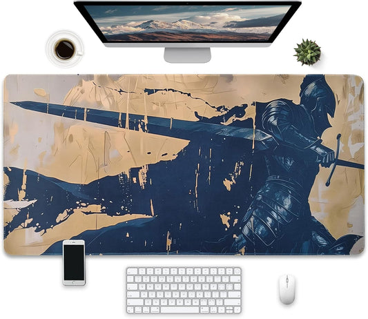 Non-Slip and Waterproof Gaming Mouse Pad, Extended XXL Desk Mat, Medieval Knight Design, Navy Blue and Beige, 31.5 x 15.7 inches, Lightweight