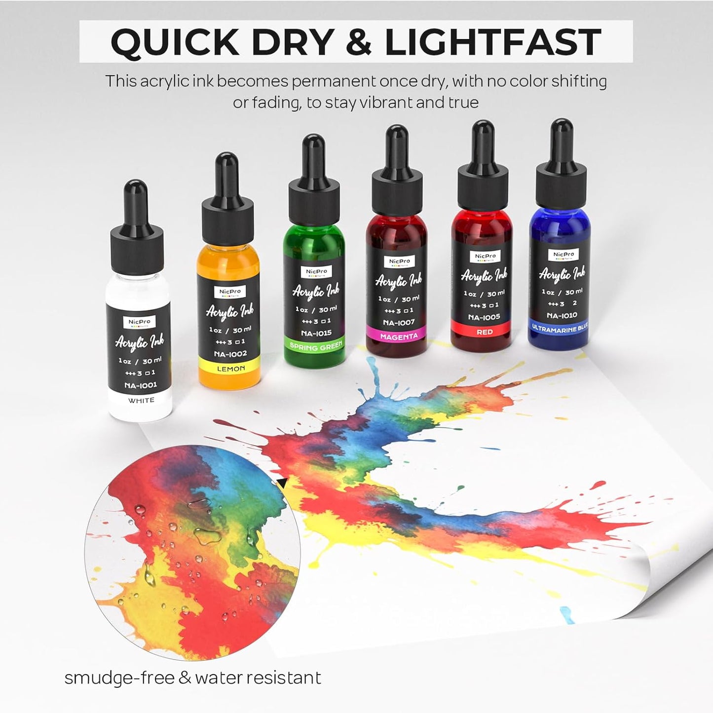 Nicpro 18 Colors Acrylic Ink, 1-oz(30ml) Bottle with Dropper, Quick Dry Permanent Acrylic Drawing Inks For Artist, Essential Color Set For Ink Drawing, Pouring Art, Airbrush, Scrapbooking, Mixed Media