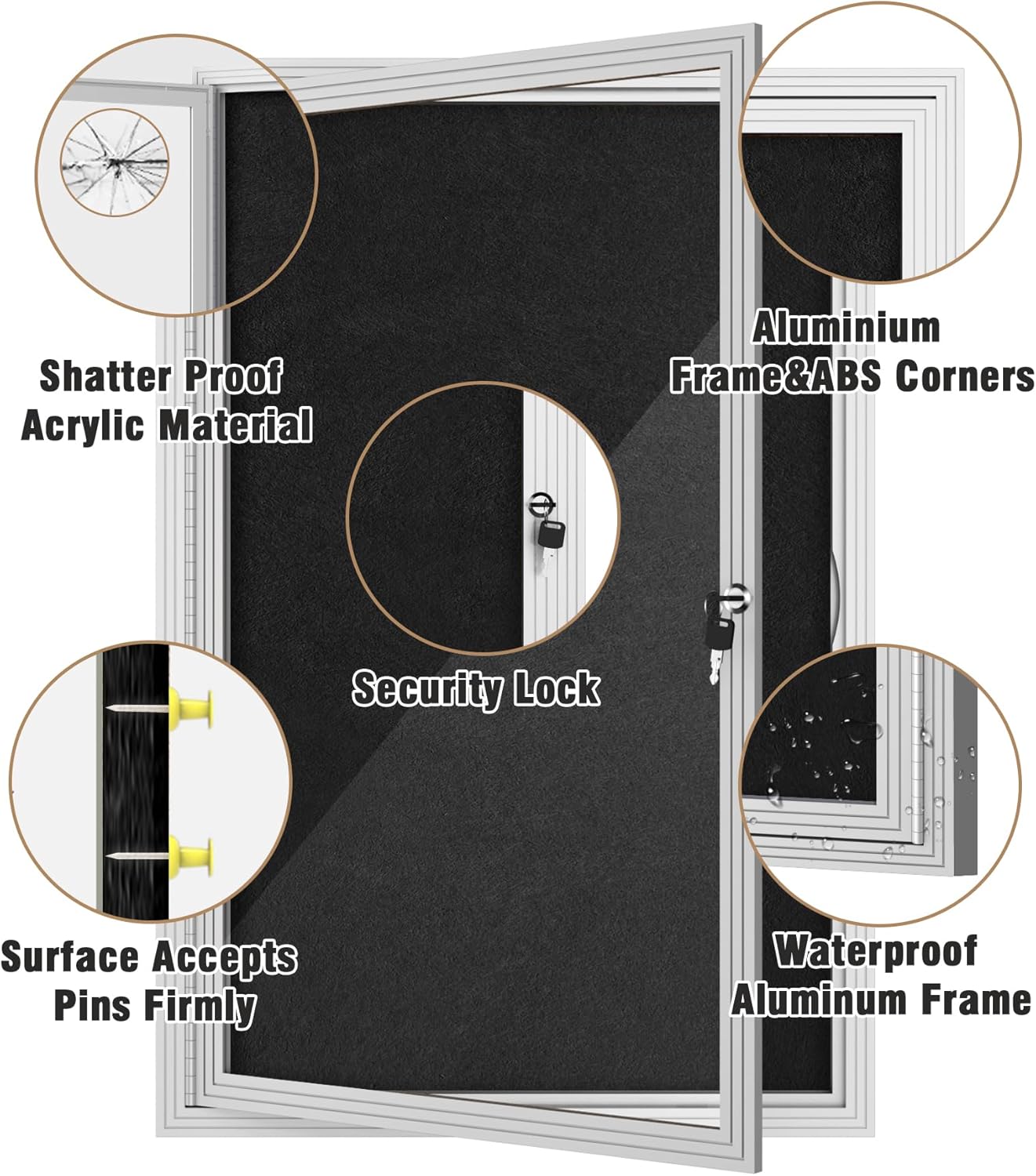36"x24" Enclosed Bulletin Board, Outdoor Lockable Weather-Resistant Aluminum Cork Noticeboard for School & Office, Silver Frame w/Black Flet