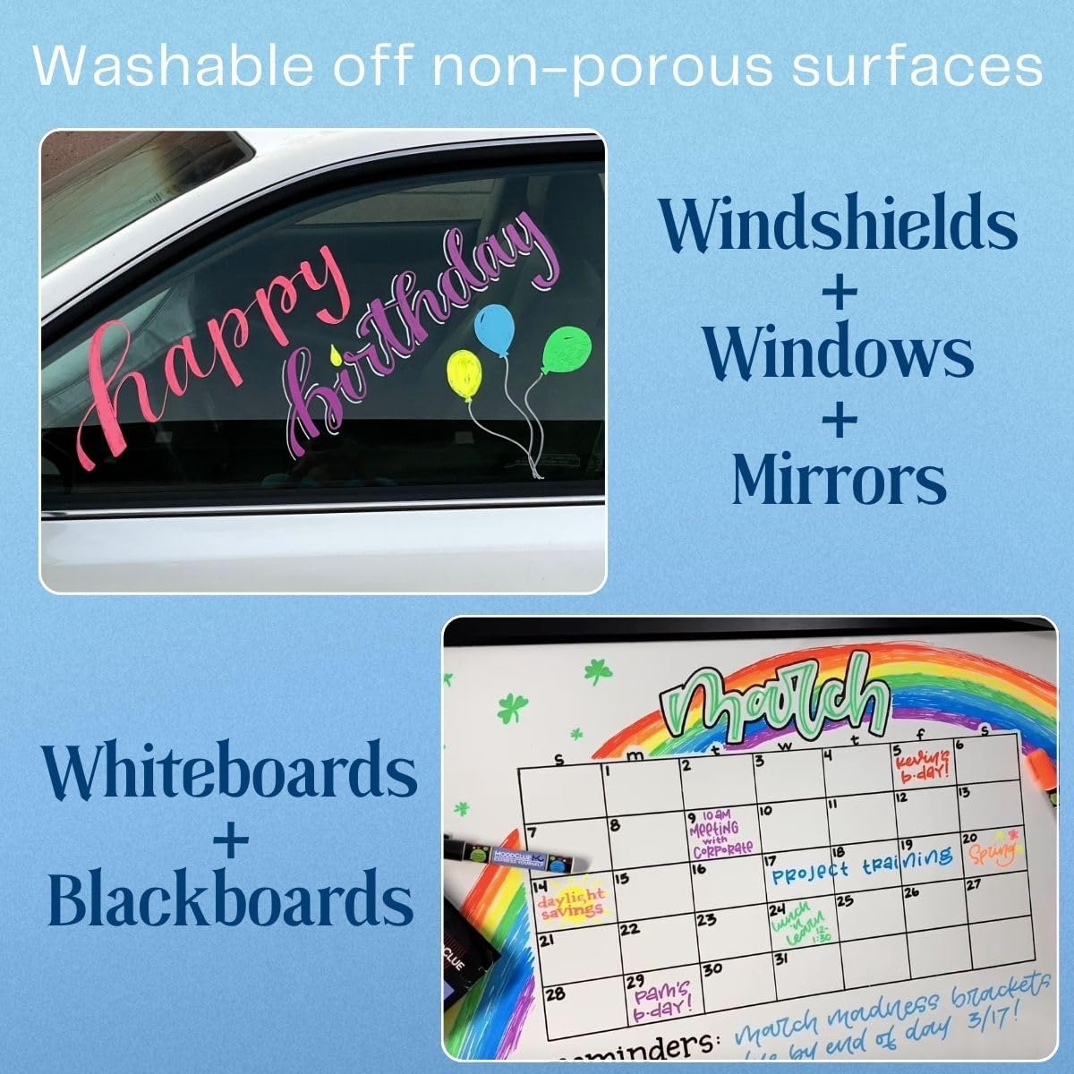 Liquid chalk markers erasable. 6 neon dry & wet erase marker pens for windows, mirrors, whiteboards, chalkboards, glass boards, auto windshields. Reversible thick and thin tip. Washable
