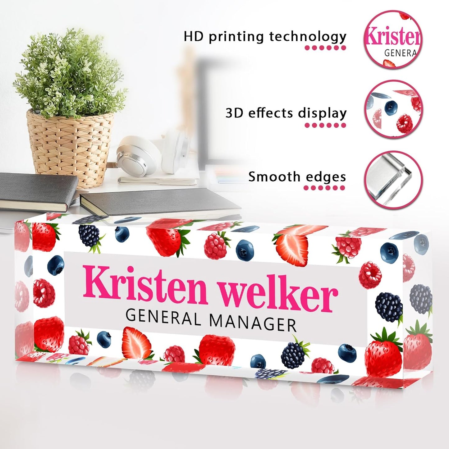 Personalized Name Plate for Desk - Custom Engraved Name Plates for Man - Boss Day Gifts for Boss - Acrylic Office Decor Appreciation Gifts for Teacher Nurse Coworker Social Worker (Berries)