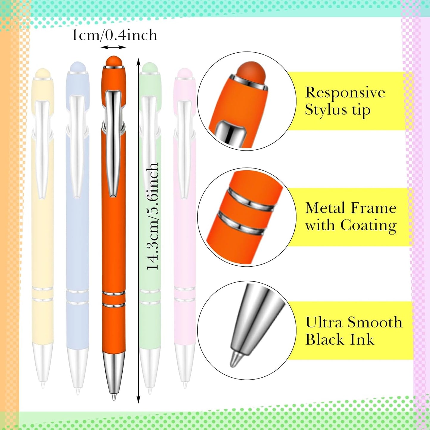 Zonon 38 Pieces Rubberized Ballpoint Pen with Stylus Tip Stylish Metal Pen Capacitive Styli with Soft Rubberized Grip, Black Ink for Most Devices(Chic Colors)