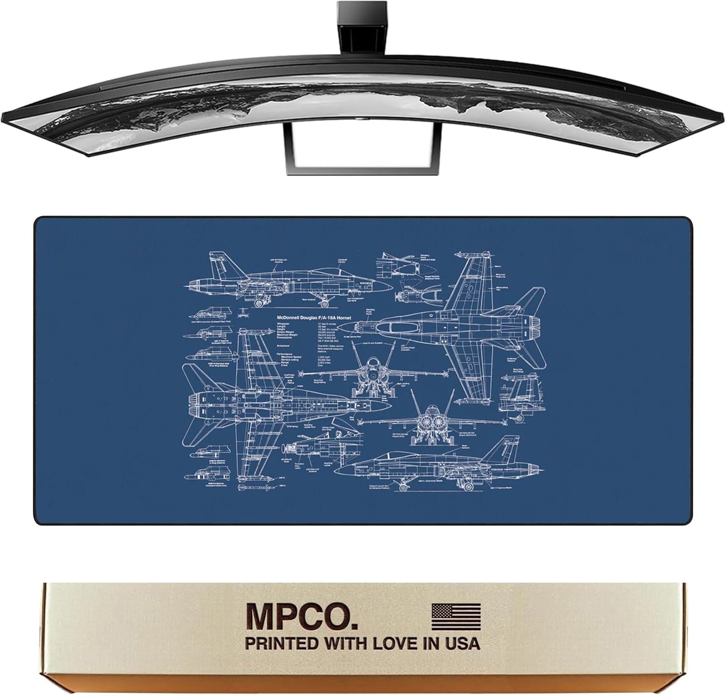 MPCO. Blueprints Large Gaming Desk Pad - 36" x 17" Duraglyde Fabric 18A Hornets – Blue Desk Mats - Non-Slip, Washable, Smooth Glide for Precision Gaming & Work