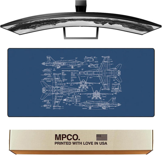 MPCO. Blueprints Large Gaming Desk Pad - 36" x 17" Aeroglyde Fabric 18A Hornets – Blue Desk Mats - Non-Slip, Washable, Smooth Glide for Precision Gaming & Work