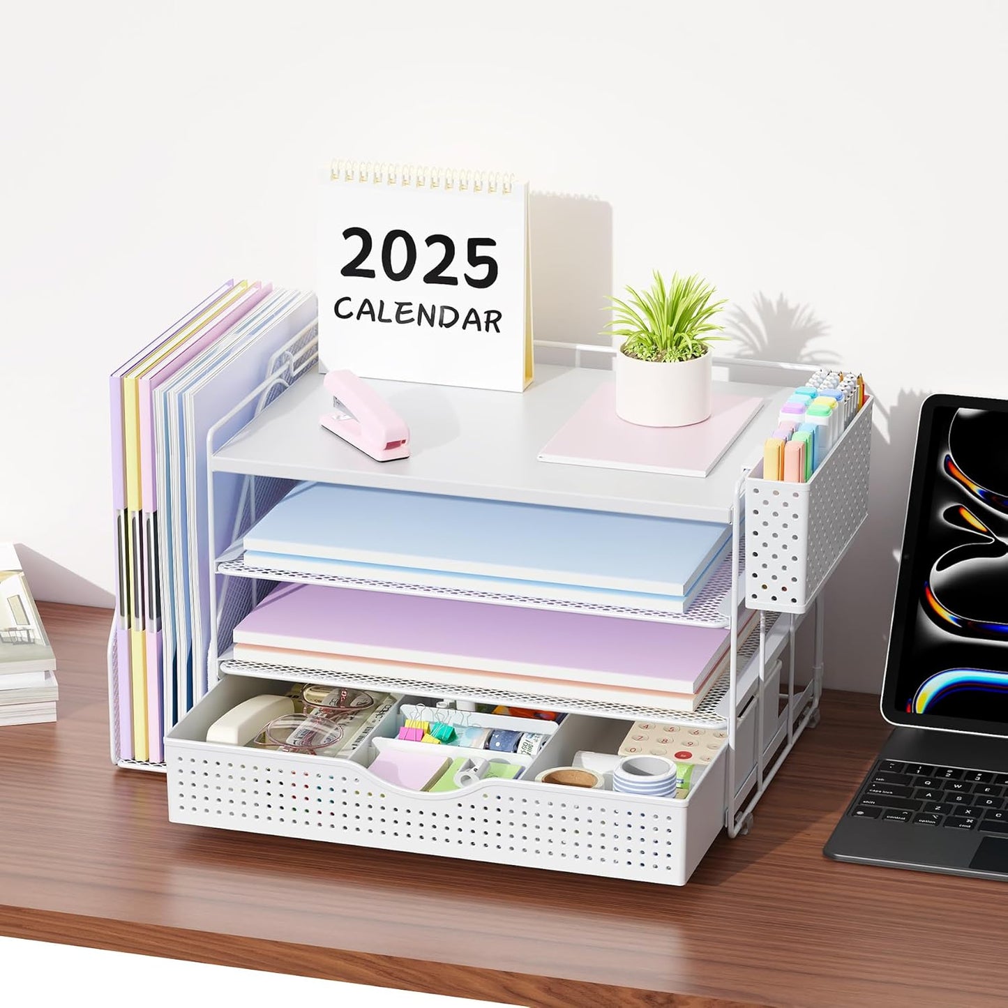 Wood Desk Organizers and Accessories with File Holder, 4-Tier Desk Accessories & Workspace Organizers with Drawer and Pen Holder, Paper Organizer for Office Supplies (White)