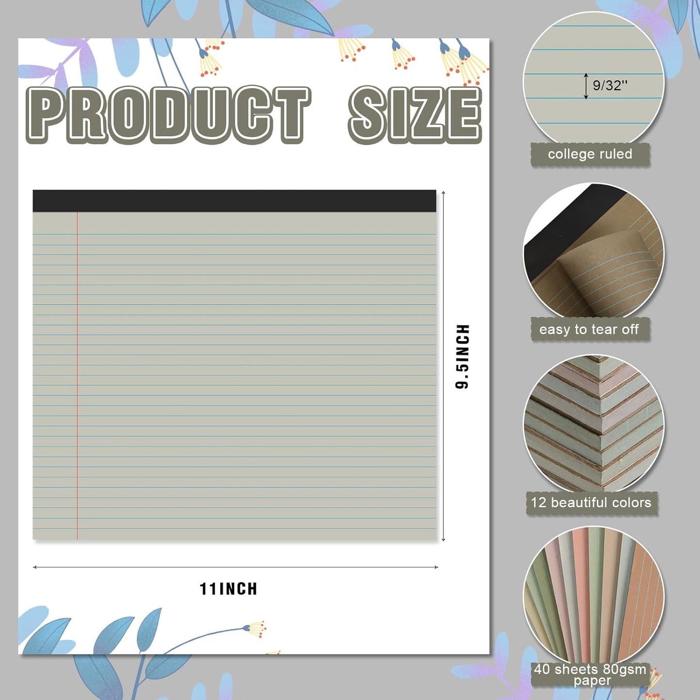 Lincia 12 Pcs 11" x 9.5" Legal Pads College Ruled Notepad Landscape Notebook Horizontal Lined Notebook 80 Gsm Assorted Colors Paper Pastel Writing Pads for School Office, 40 Sheet (Sweet Color)