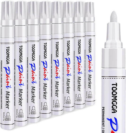 White Paint Pens Permanent Paint Markers - 8 Pack Oil Based Marking Pens, Medium Point, Quick Drying and Waterproof Pens for Rock Painting Car Tyre Metal, Plastic, Canvas, Wood, Glass