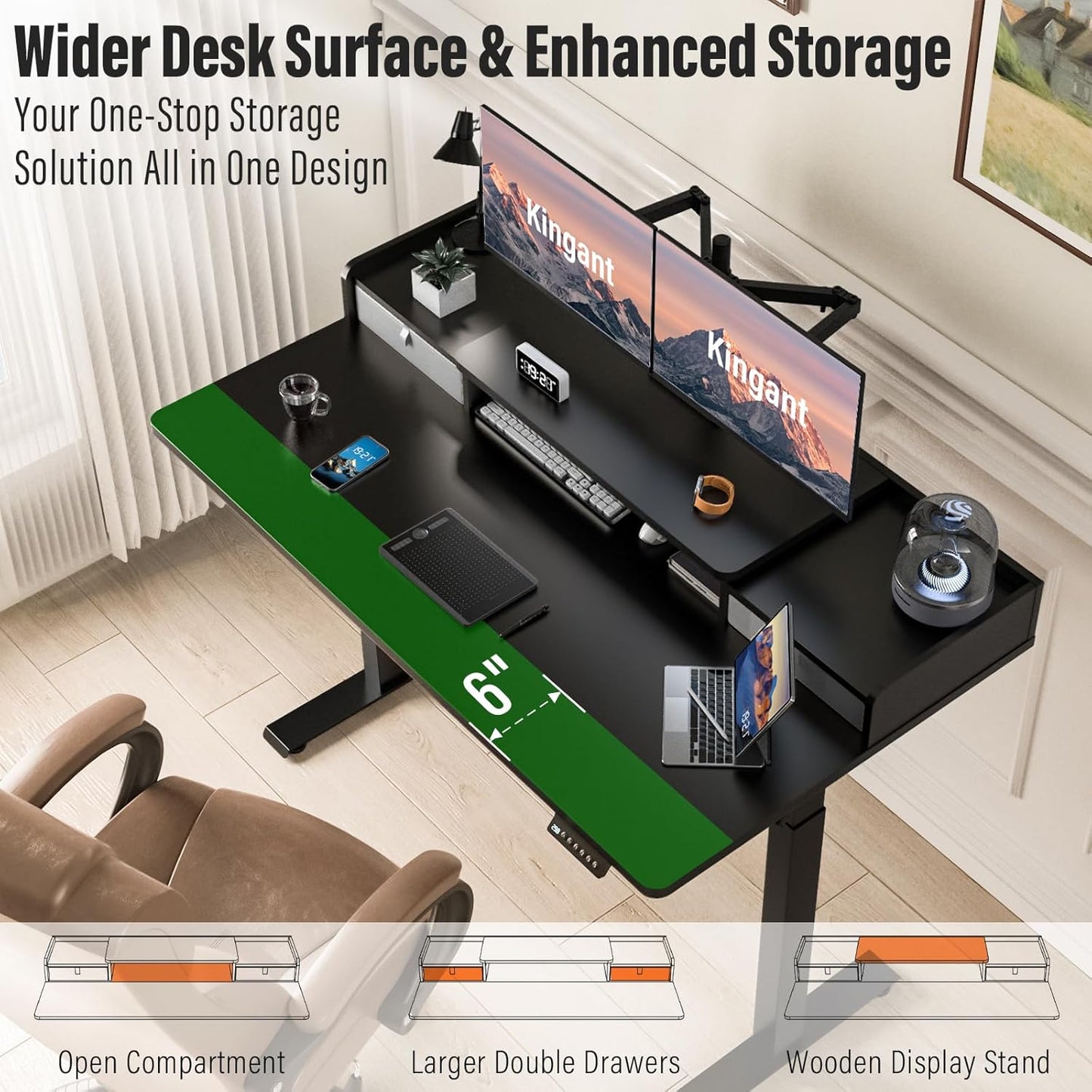 Standing Desk with Drawers,Thickened Table Legs Sit Stand Desk Electric for Home Office & Gaming,Ergonomic Stand Up Desk Cable Management Tray(Classic Black) (Classic Black, 63″ x 30″)
