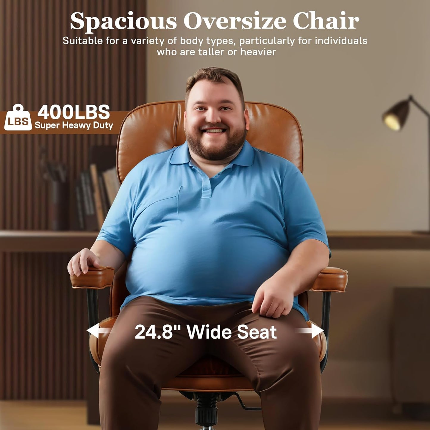 Mid Century Modren Big and Tall Office Chair,Large Ergonomic Executive Chair for Heavy Duty People, Computer Desk Task Chair with Wheels, Faux Lether Fabric Wide Chair for Home Sturdy,Brown(PU)