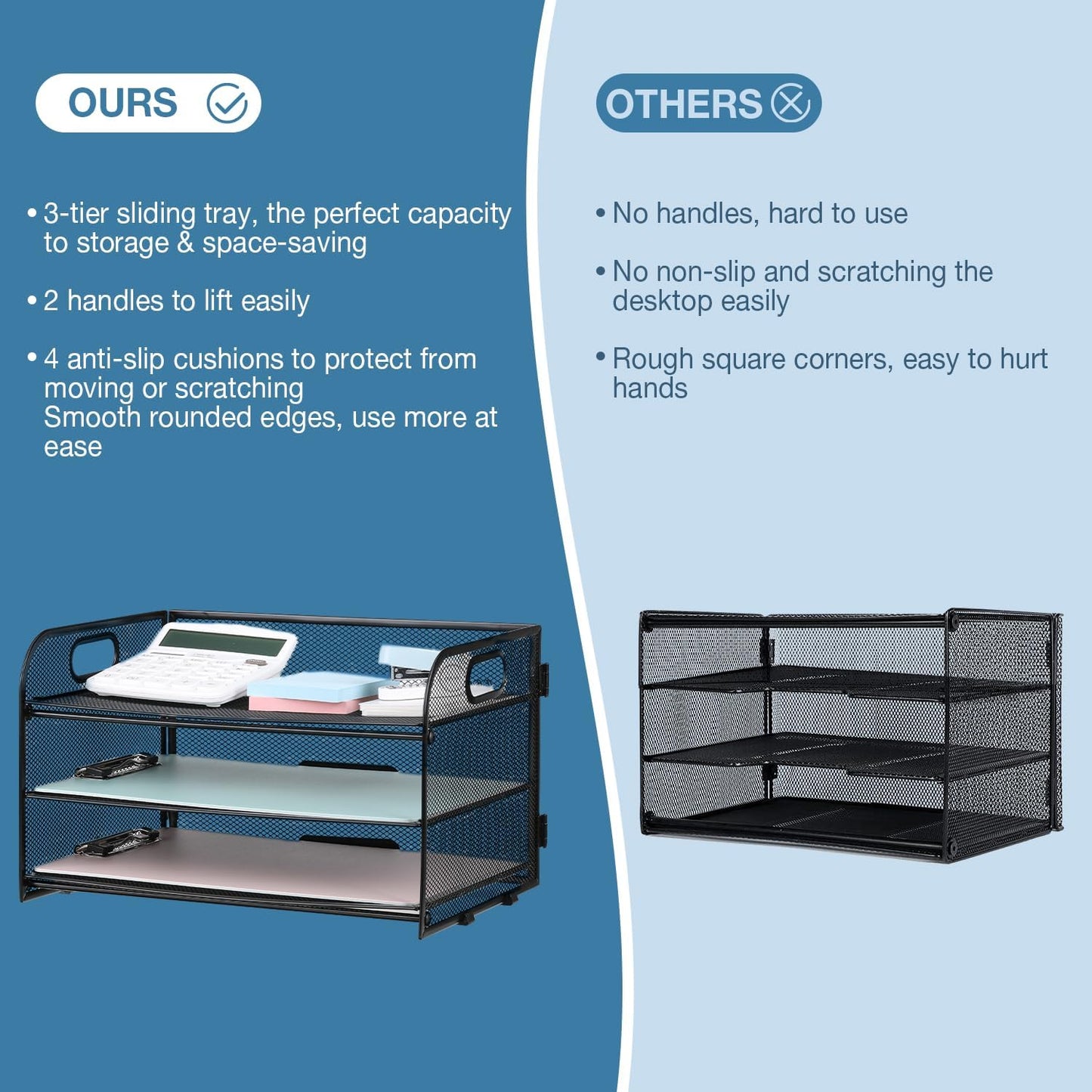 3-Tier Letter Tray Paper Organizer with Handle, Compact Mesh Desk File Organizer for Home Office Supplies Desktop Accessories,Black