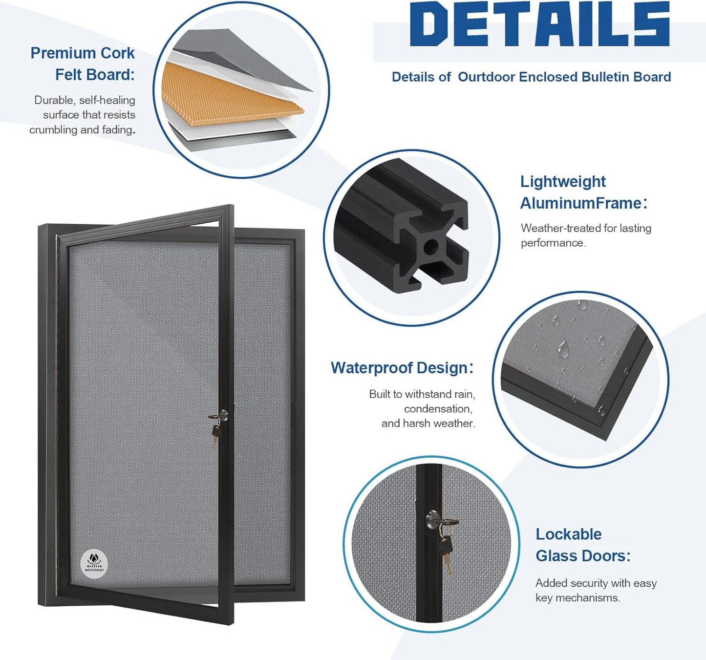 Lockable Outdoor Enclosed Bulletin Board,Weatherproof Cork Noticeboard with Locking Door, Wall-Mounted Aluminum Frame Display Case for Office, Home, School (Black Frame | Greyfelt Surface, 36x24 inch)