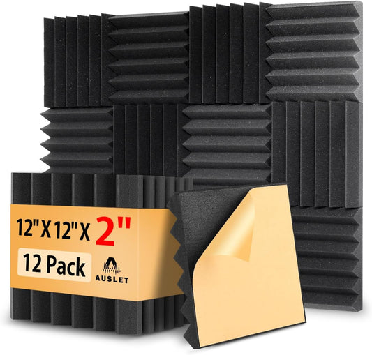 12 Pack Acoustic Foam Panels with Self-Adhesive 2" X 12" X 12" Wedges Sound Proof Foam Panels for Walls High Density Soundproof Wall Panels for Studio and Home