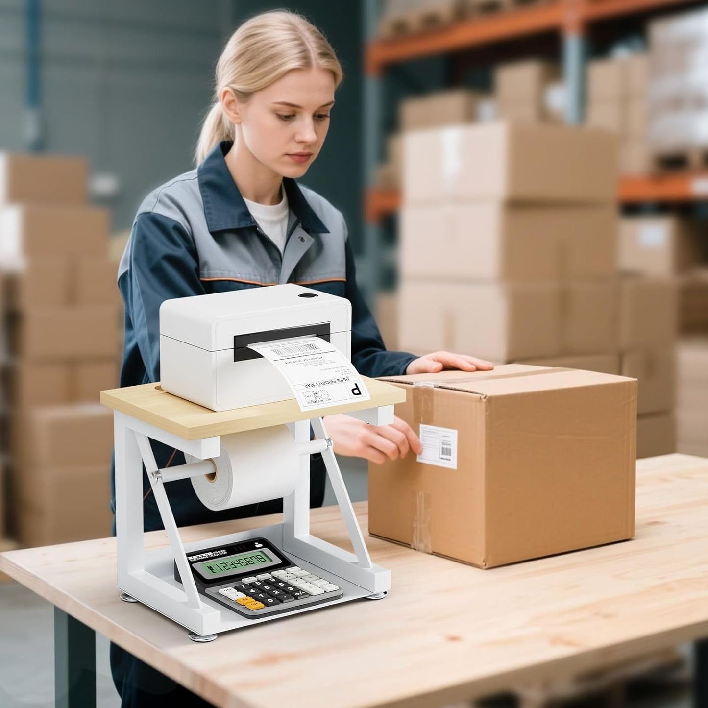 Label Holder for Rolls and Fan-fold Labels, Wooden Thermal Label Holder for Thermal Printer, Stand Desktop Printer Accessory Supplies for Home, Office, Small Business (White)