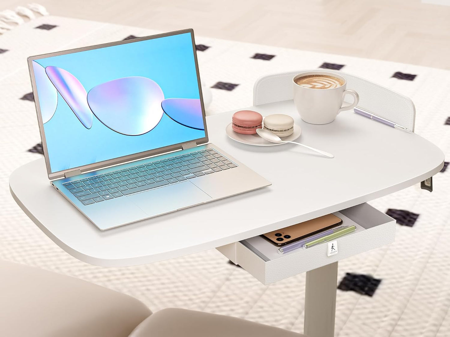 Rolling Desk Adjustable Height with Drawer and Wheels, Portable Small Standing Desk Pneumatic for Home Office, Mobile Computer Laptop Cart, Medical Sofa Overbed Table, White