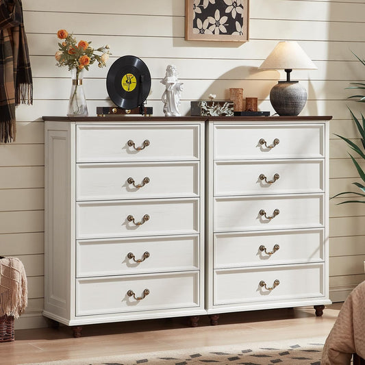 Farmhouse 5 Drawer Dresser Set of 2 for Bedroom, 45" Tall Rustic Chests of Drawers w/ 4 Solid Wood Feet, Mid Century Vintage Wooden Closet Storage Dressers Organizer for Living Room, White