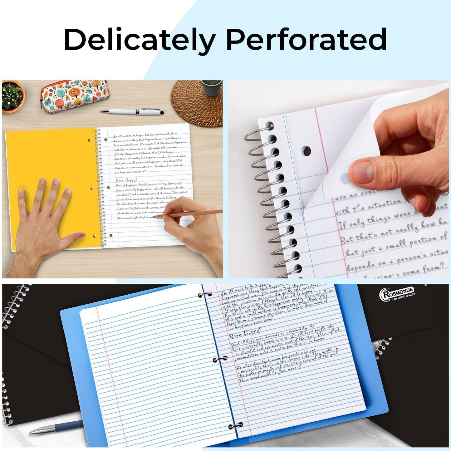 1 Subject Spiral Notebook, 50 Pack, College Ruled, Water Resistant Cover, Thick 140 Pages (70 Sheets), 8 x 10-1/2, 3 Hole Punched, Bulk School & Office, Black Cover