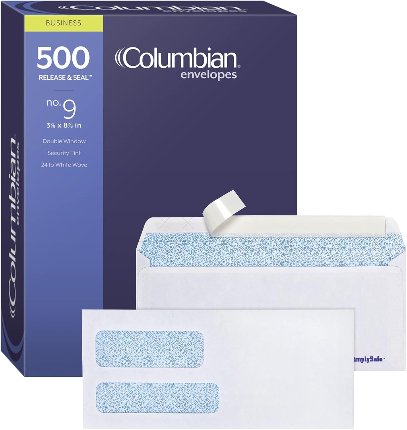 Columbian #9 Security Envelopes, 500/Box, Double Window, 3-7/8" x 8-7/8", Release & Seal Self Seal, SimplySafe Tamper Evident, White (COLO183)