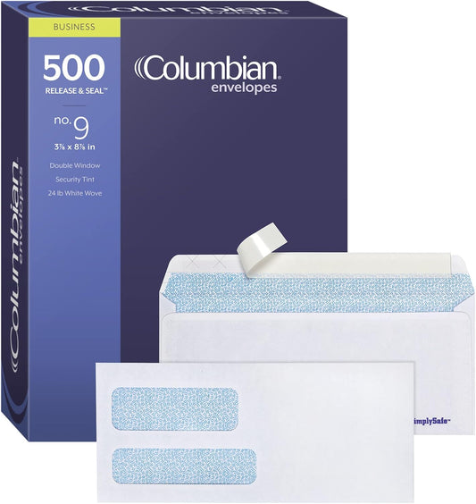Columbian #9 Security Envelopes, 500/Box, Double Window, 3-7/8" x 8-7/8", Release & Seal Self Seal, SimplySafe Tamper Evident, White (COLO183)