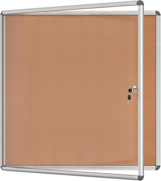 38"x38" Enclosed Bulletin Board, Lockable Weather-Resistant Aluminum Cork Noticeboard for School & Office, Silver Frame w/Cork