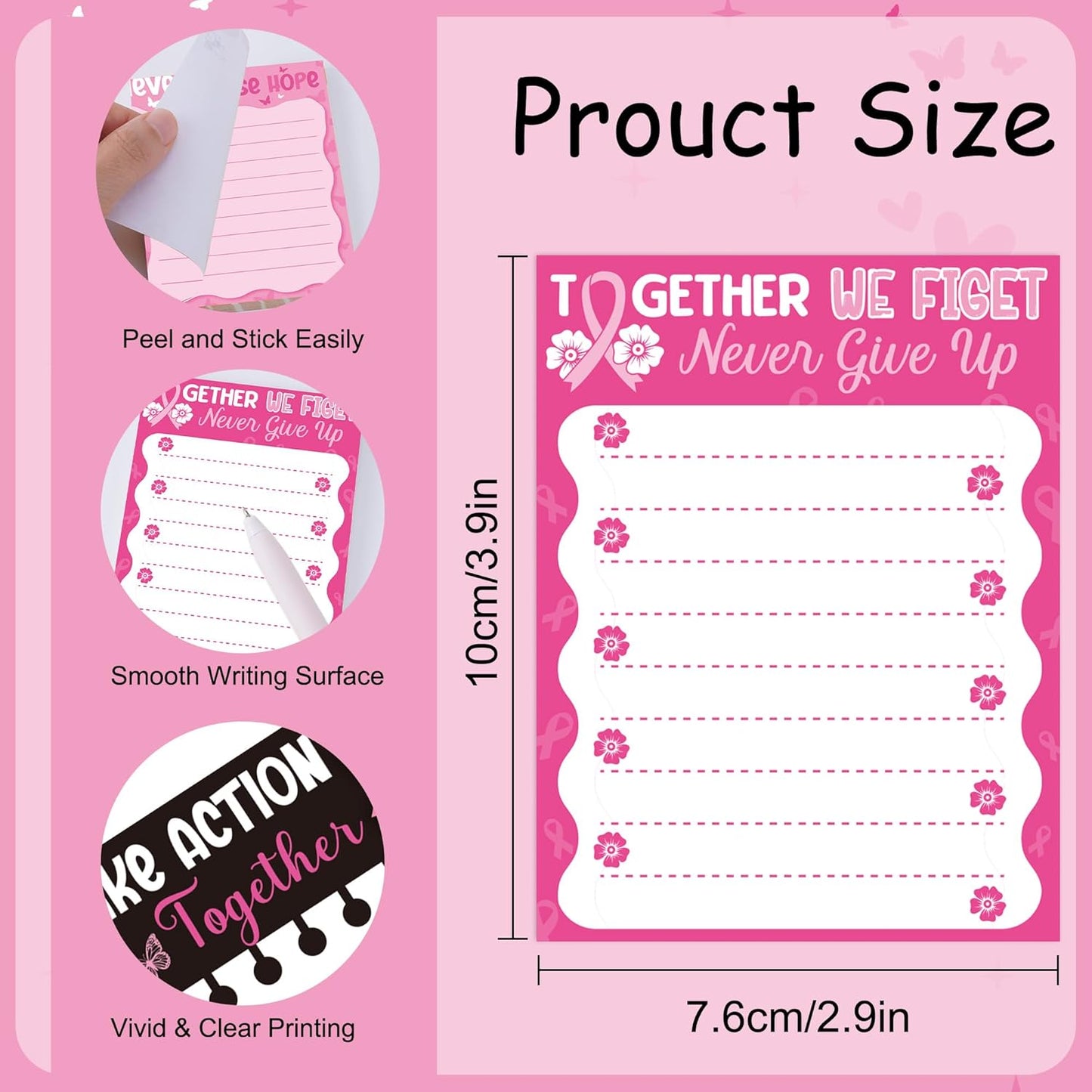 9 Pack Breast Cancer Awareness Sticky Notes Set, 450 Sheets Pink Self-Stick Notepads with Motivational Ribbon Designs, Inspirational Gifts for Women Supporters Fighters