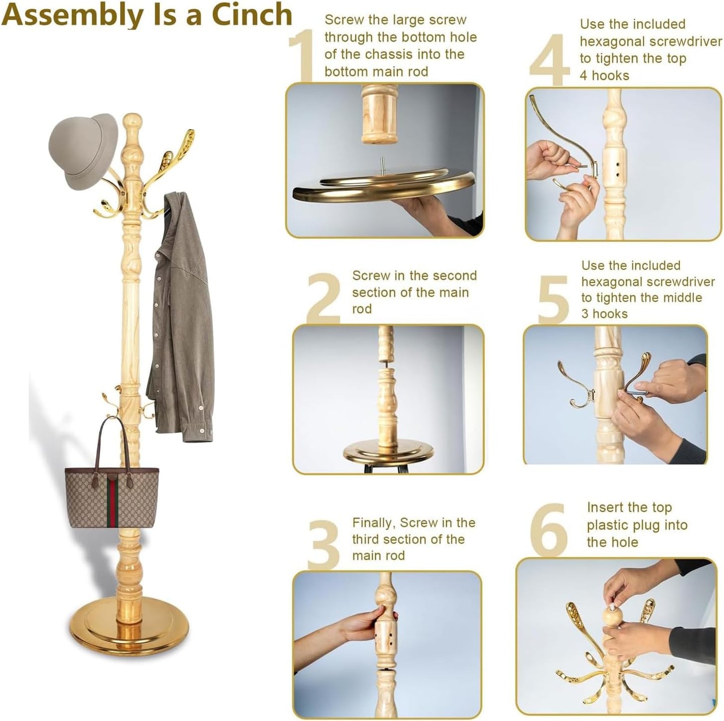 Vintage Wooden Coat Rack Free Standing,14 Hooks, 3-Level Adjustable Height, 73-Inch Retro Coat Rack Stand, Suitable for Entryway, Living Room, Office and Bedroom (Natural)