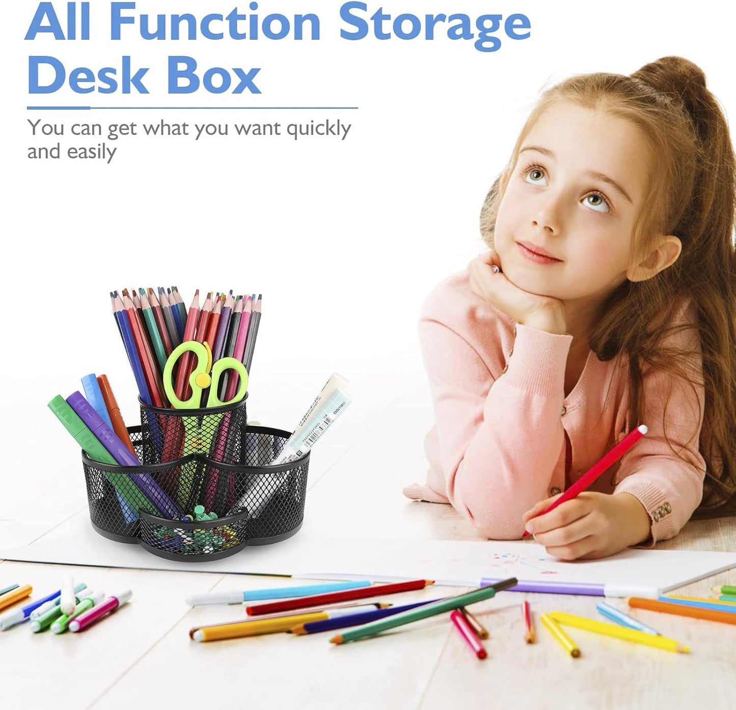 360 Rotatable Metal Mesh Desktop Pen Holder Pencil Holder Pencil Organizer Stationery Organizer Pen Pot Makeup Brush Organizer for Home School Office (Blue)