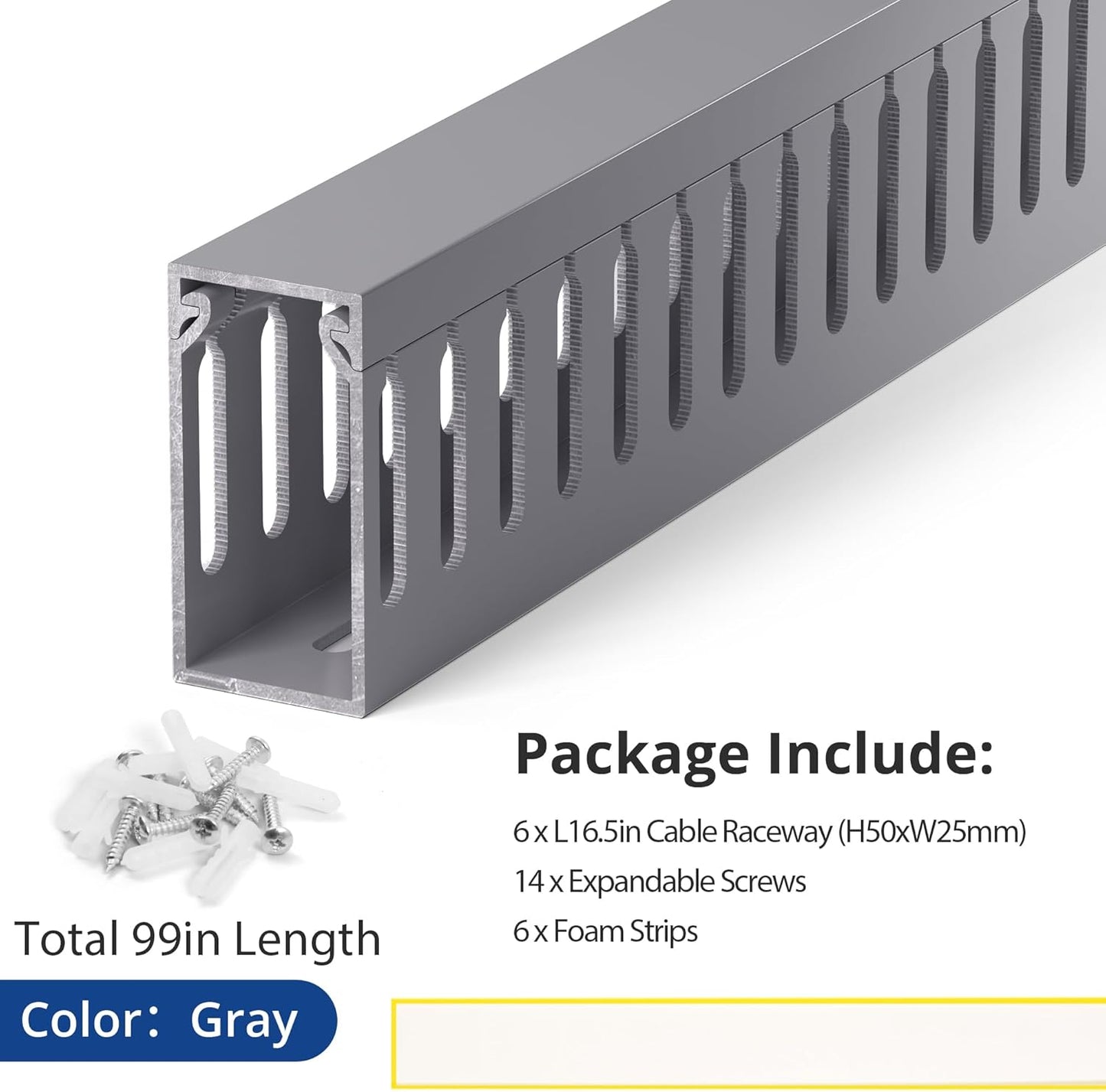 ZhiYo H2in x W1in Server Rack Cable Management Raceway, 99in (6X L16.5in) Cable Raceway Kit, Electrically Safe PVC Open Slot Wire Cover, Cord Hider for Under Desk/Computer/Network Cords, Grey