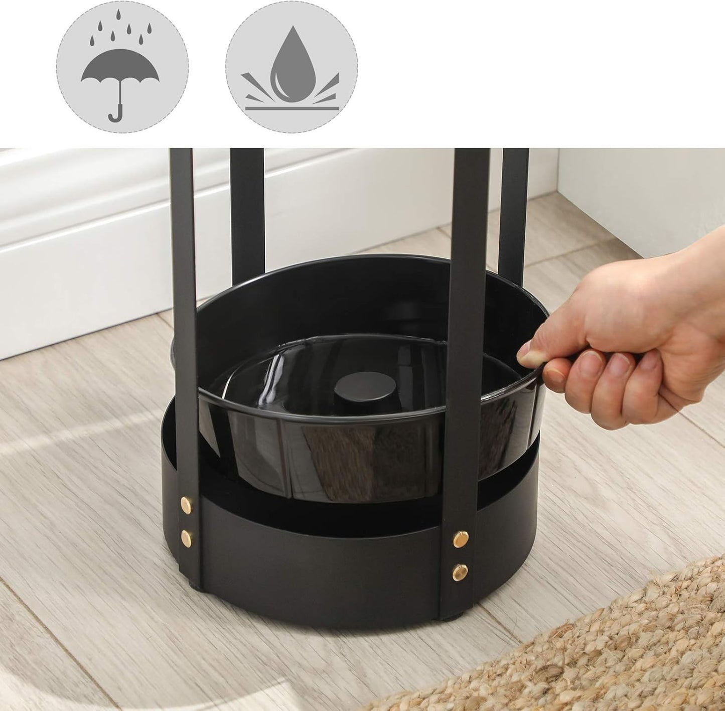 SONGMICS Umbrella Stand, Steel Round Umbrella Holder Rack, 7.7 x 7.7 x 21.7 Inches, with Detachable Drip Tray, for Entryway, Office, Stable, Assembly Required, Matte Black ULUC28BK