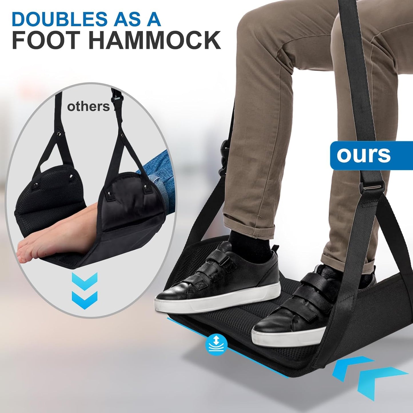 Airplane Foot Hammock （ Memory Foam） 2 in 1 Removable Support Pad， Portable Desk Footrest Hammock， Perfect Long Flight Travel Essentials， Foot Rest for Plane Travel Foot Leg Rest