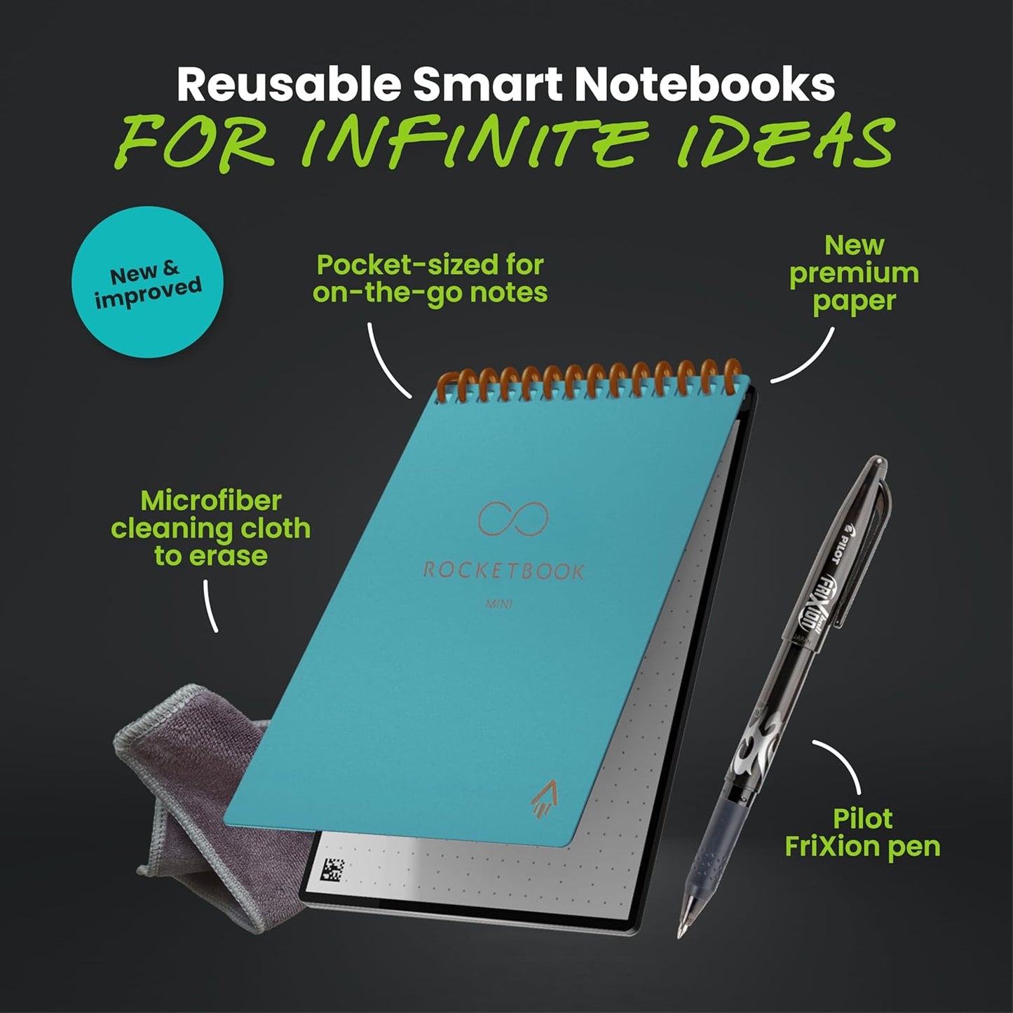 Rocketbook New Mini Reusable Smart Notepad, Pocket Size Notebook 3.5x5.5, Teal - Dotted Pages, App-Connected, Erasable, Ideal for On-The-Go List Taking & Quick Notes Anywhere