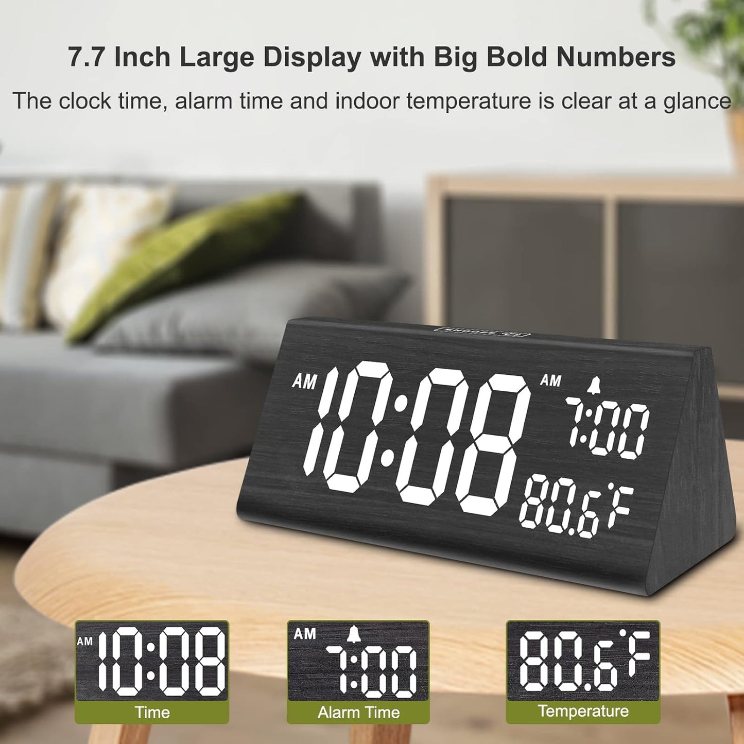 DreamSky Wooden Digital Alarm Clock for Bedroom - 7.7" Electric Clocks with USB Port, Large Numbers, Temperature, 0-100% Brightness Dimmer, Adjustable Alarm Volume, Snooze, 12/24H