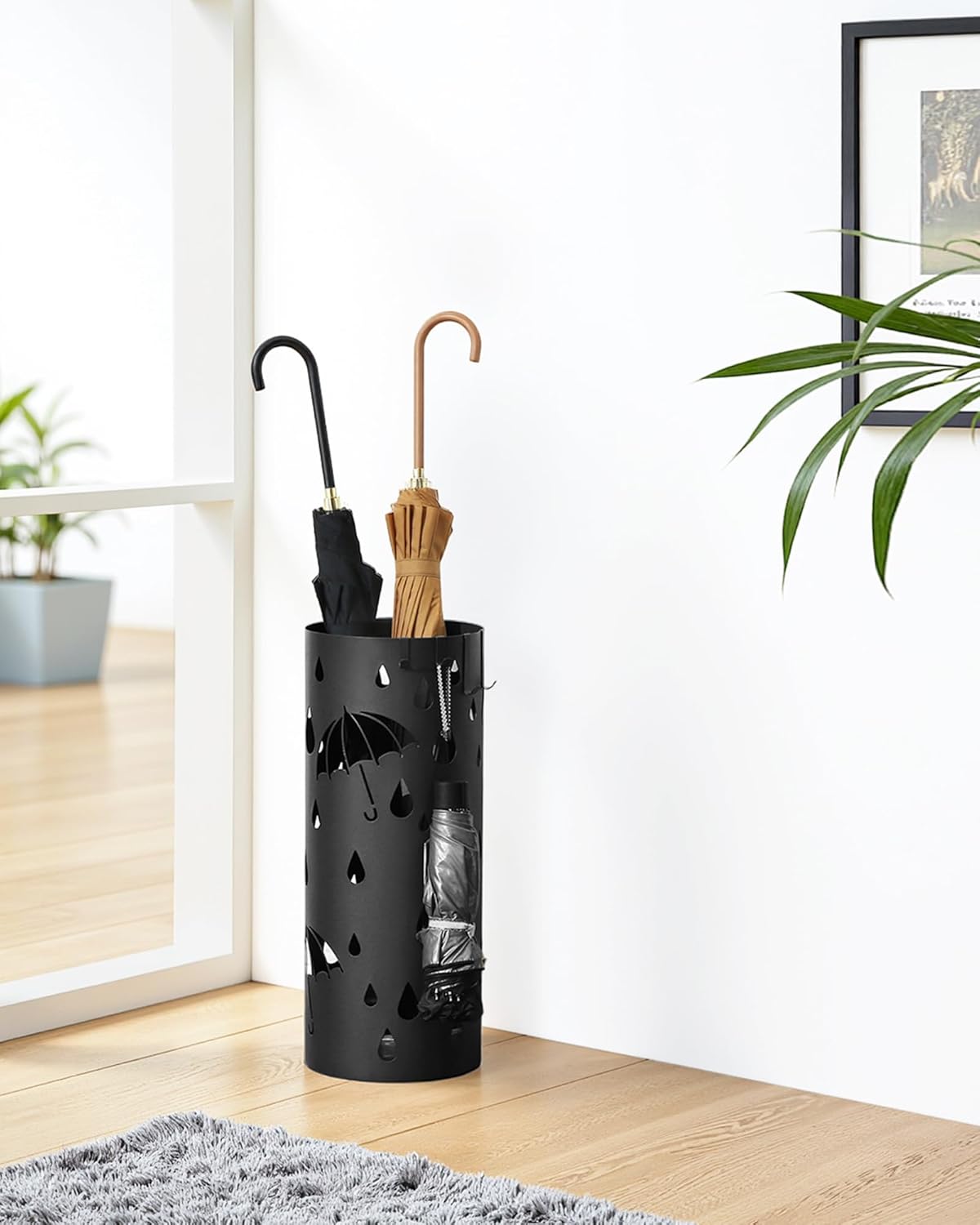 SONGMICS Umbrella Stand, Metal Umbrella Holder for Entryway, with Water Tray and 4 Hooks, 7.7 x 7.7 x 19.3 Inches, Round, Ink Black ULUC23B