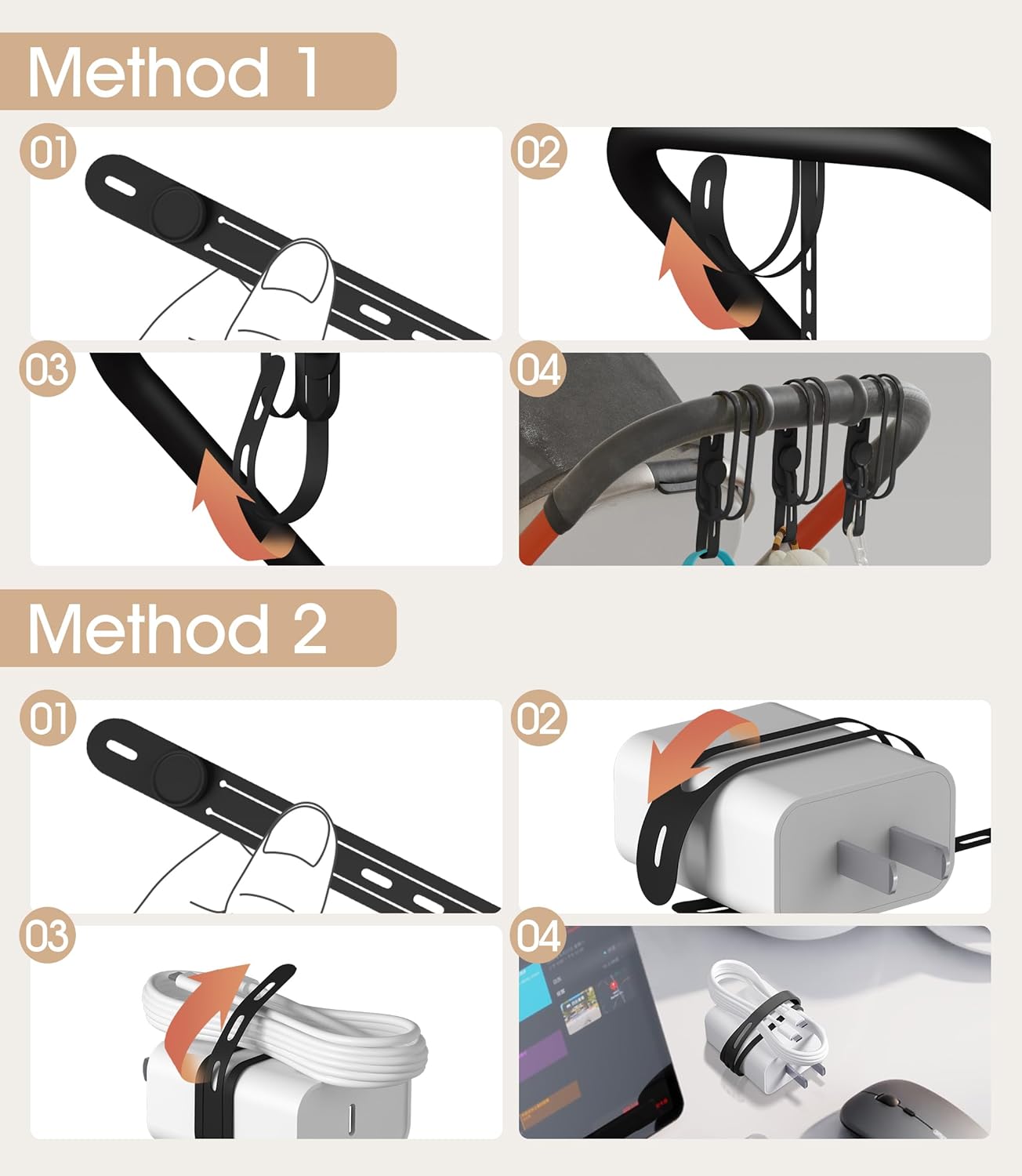 Nearockle Latest Double-Sided Silicone Cable Ties, 12Pcs Reusable Cord Organizer for Bundling Phone Charger and USB Cable, Multifunctional Organizer for Travel Home (White&Black)