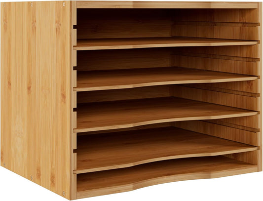 Bamjoy Bamboo 5 Tier Desktop Organizer, Paper Organizer Mail Sorter, File Holder Letter Document Storage with Adjustable Shelves for School Home Office, Natural