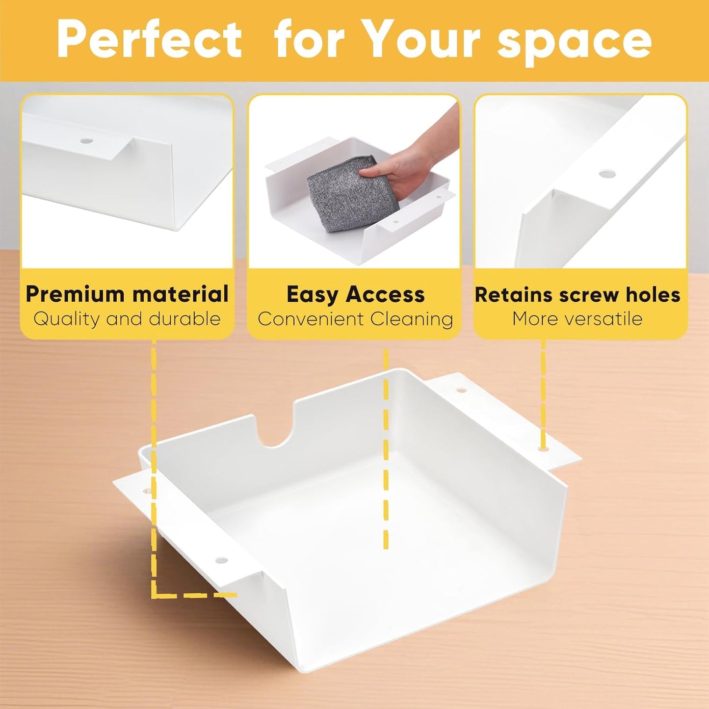4 Pack Under Desk Hanging Shelf Drawer Organizer, Attachable Plastic Hidden Storage Tray, Easy Adhesive Mount Holder for Standing Tables, Office, Counters, Cabinets, Workstations - White