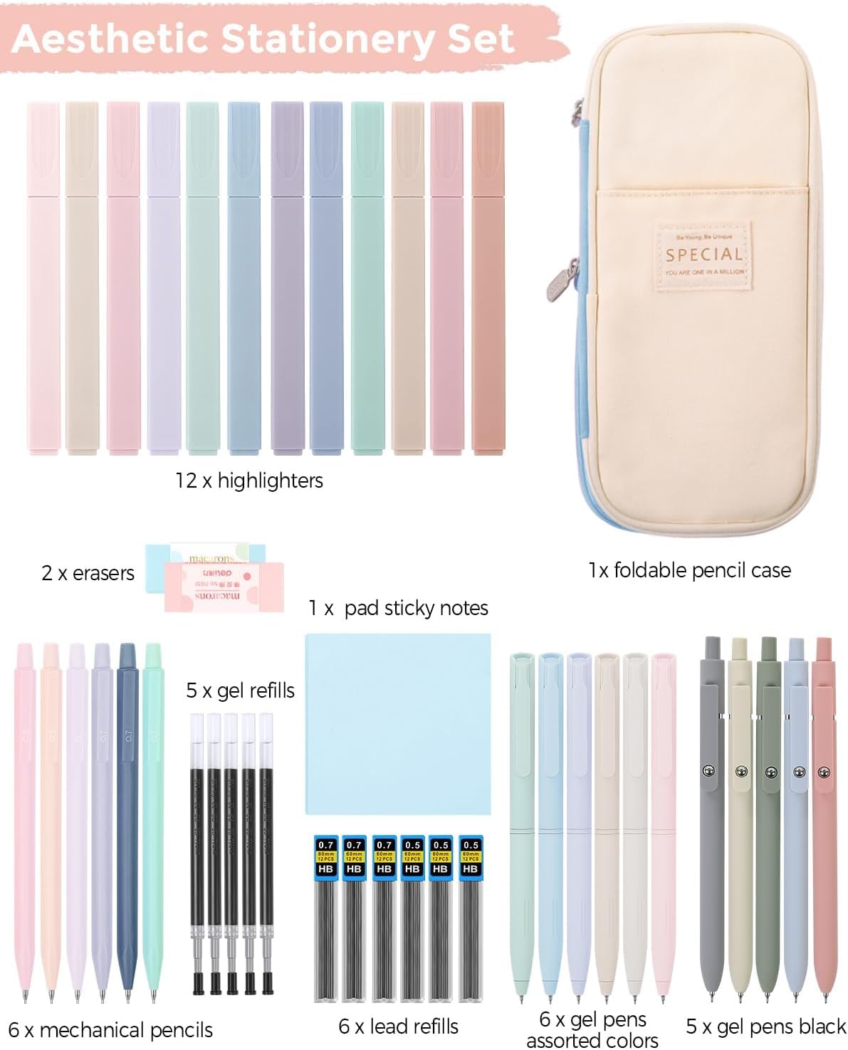 SKYDUE Cute School Supplies 44 PCS, Aesthetic Pencil Case with 12 Pastel Highlighters, 5 Black Gel Pens, 6 Color Gel Pens & Mechanical Pencils, College Essentials Students Stationary Set Blue