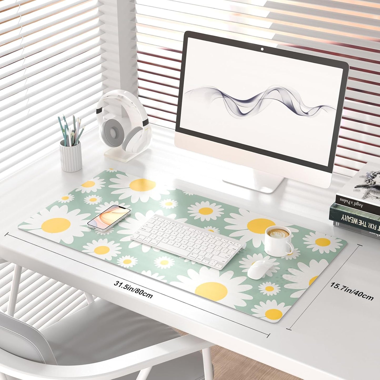 QIYI Large Mouse Pad, Extended Desk Mat for Desktop, PU Leather Waterproof Gaming Mousepad, Computer Desk Accessories Protector Writing Pads for School Office Home 31.5" x 15.7" - Sunny Daisies