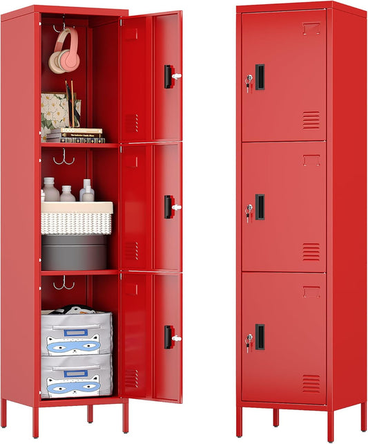 Metal Locker with Hooks and Ventilation Holes,Metal Storage Locker with Keys and Business Card Slof for Home,Gym,Garage,School,Office,66" H x 15.75" W x 15.75" D,Assembly Required,Red