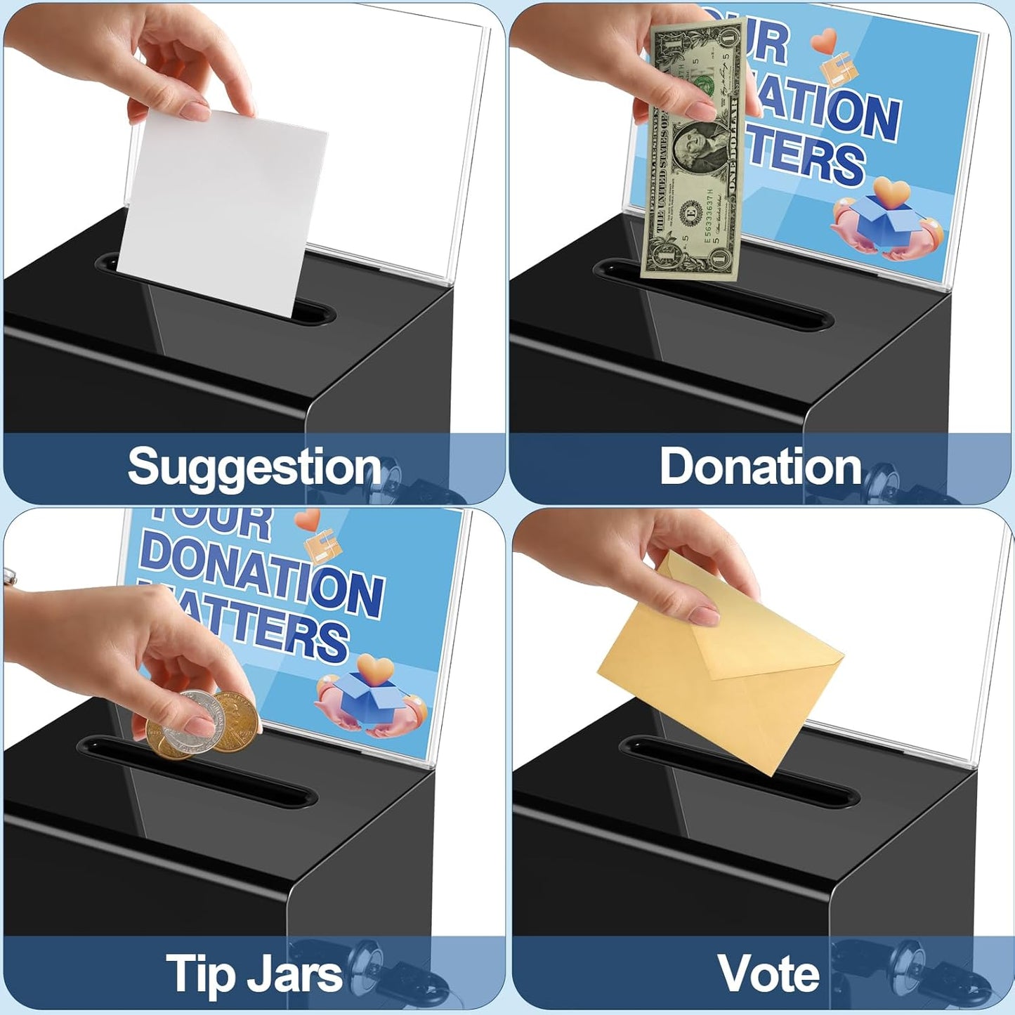 Polmart black Donation Box with Lock - Secure Ballot Box with Removable Sign Holder & 2 Keys - for Money, Cards, Votes, Tickets, Feedback Collection (4.75"D x 6.29"W x 8"H)