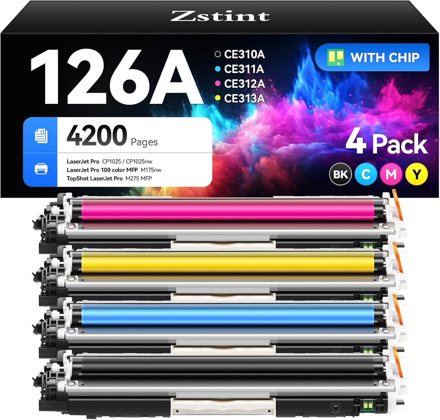 126A Toner Cartridge Set 4-Pack Replacement for HP 126A CE310A CE311A CE312A CE313A Toner Compatible with HP Laserjet Pro 100 Color MFP M175nw CP1025 CP1025nw M275 Printer Black Cyan Magenta Yellow