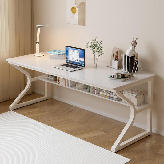 Extra Long Desk with Bookshelf - 63" Double Long Writing Table for 2-Person Workstation, Modern Study Work Computer Desk for Home and Office, Warm White