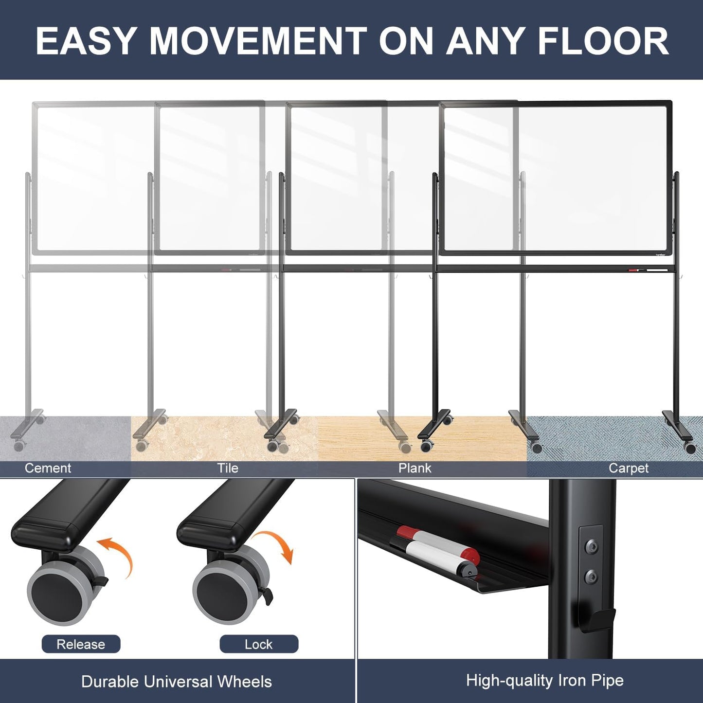Mobile Clear Glass Whiteboard on Wheels - TANKEE 48" x 32" Dry Erase Board with Stand, Large Rolling White Board with 25 Sheets Paper Pad, Transparent Tempered Glass Board for Office Home School
