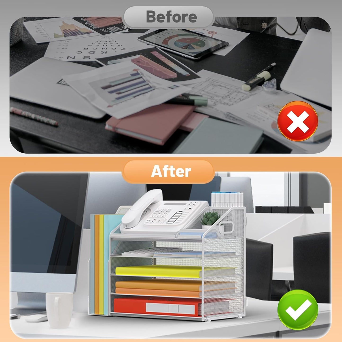 DocNest 5 Tier Paper Letter Tray File Organizer, Mesh Desk File with Handle, Workspace Desk Organizers with Pen Holder, Office Organization Storage Accessories - White