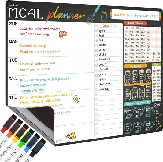 Magnetic Dry Erase Menu Board - 17"x12" Meal Planning Board for Fridge - 6 Extra Fine Point Markers Included - Shipped Flat